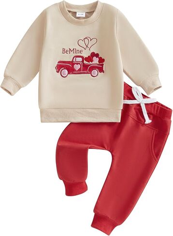 Toddler Baby Boy Valentines Day Outfit Embroidery Long Sleeve Sweatshirt and Pants Set Infant Fall Winter Clothes in Kuwait