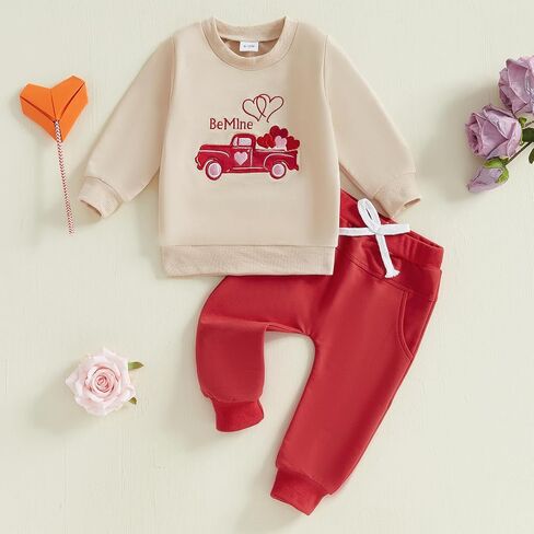 Toddler Baby Boy Valentines Day Outfit Embroidery Long Sleeve Sweatshirt and Pants Set Infant Fall Winter Clothes in Kuwait