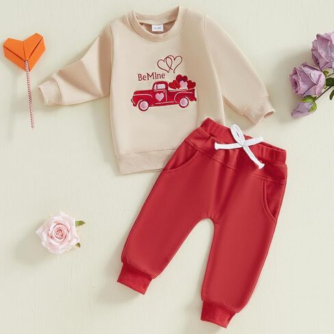 Toddler Baby Boy Valentines Day Outfit Embroidery Long Sleeve Sweatshirt and Pants Set Infant Fall Winter Clothes in Kuwait