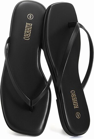 Rihero Flip Flops for Women Comfortable Square Toe Beach Sandals Slip On Leather Thong Flat Sandals Dressy in Kuwait
