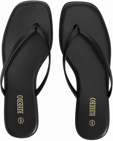 Rihero Flip Flops for Women Comfortable Square Toe Beach Sandals Slip On Leather Thong Flat Sandals Dressy in Kuwait