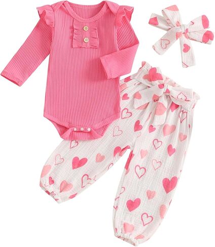 Rtnnsbbfcm Newborn Baby Girl Valentine's Day Outfit Long Sleeve Ribbed Romper Heart Print Pants Headband 3Pcs Set in Kuwait