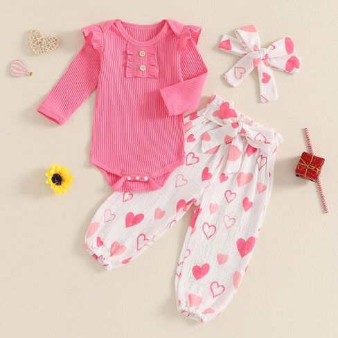 Rtnnsbbfcm Newborn Baby Girl Valentine's Day Outfit Long Sleeve Ribbed Romper Heart Print Pants Headband 3Pcs Set in Kuwait