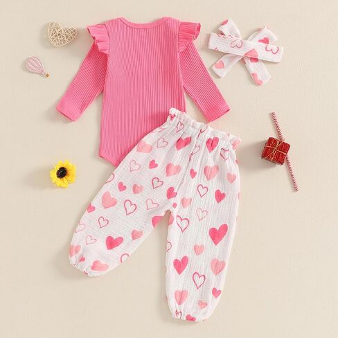 Rtnnsbbfcm Newborn Baby Girl Valentine's Day Outfit Long Sleeve Ribbed Romper Heart Print Pants Headband 3Pcs Set in Kuwait