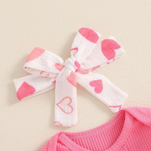 Rtnnsbbfcm Newborn Baby Girl Valentine's Day Outfit Long Sleeve Ribbed Romper Heart Print Pants Headband 3Pcs Set in Kuwait