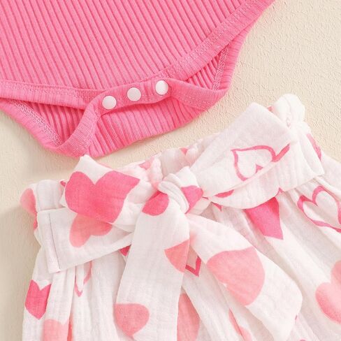 Rtnnsbbfcm Newborn Baby Girl Valentine's Day Outfit Long Sleeve Ribbed Romper Heart Print Pants Headband 3Pcs Set in Kuwait