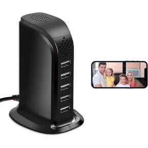 WiFi USB Charger Camera, Upgraded HD 1080P WiFi USB Charger Security Camera Nanny Cam 5 Port Plug Wireless Mini Video Camera for Home Surveillance with Motion Detection Remote View No Audio