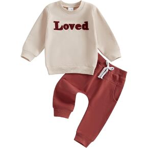 Gueuusu Toddler Baby Boy Girl Spring Fall Clothes Long Sleeve Loved Embroidery Sweatshirt Red Pants Set Valentines Day Outfit