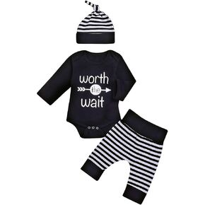 Baby Unisex Worth the Wait Arrow Printed Romper Striped Pant Hat Outfit Clothes (Black, Newborn)