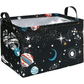 Rectangle Foldable Baby Laundry Basket, Boys Storage Basket for Dirty Cloth, Toys Nursery, Clothes Gift Basket with Handles for Room Decor (REC-Black Planet)
