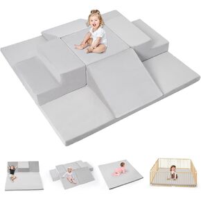 6-Piece Foam Climbing Blocks for Toddlers, Climb and Crawl Soft Foam Play Set with 47x47 Inch Baby Play Mat for Floor, Machine Washable Cover, Soft Climbing Toys for Toddlers 1-3 (Gray)