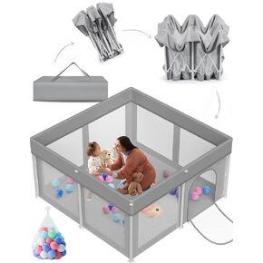 Foldable Baby Playpen 50"×50", Playard for Babies and Toddlers, Portable Safety Baby Fence Lightweight,No Installation, Indoor & Outdoor Baby Playpen with Ocean Balls*50, Grey