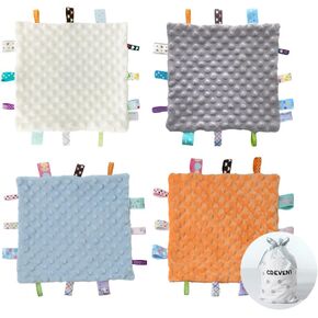 CREVENT Tag Security Blankets for Babies, Soft Small Taggie for Boys Girls, Baby Comforter Sensory Blanket, Great Gifts for Birthday Baby Shower 10"X10" (Blue+Grey)