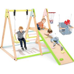 7 in 1 Indoor Jungle Gym for Kids, Foldable Toddler Indoor Playground with Slide, Beechwood & Baby Swing, Climbing Wall & Ladder, Wooden Climbing Toys Playset Gifts for Kids (Multicolor)