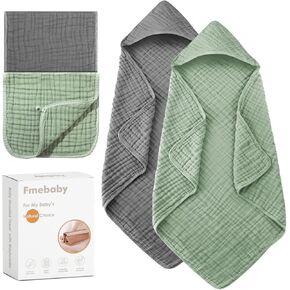 Hooded Baby Towels for Newborn, 2 Pack 36x36Inch Muslin Cotton Baby Bath Towel and 2 Pack 12x12Inch Washcloth Set with Hood for Babies, Toddler and Kids, Essentials Must Haves(Green and Beer)