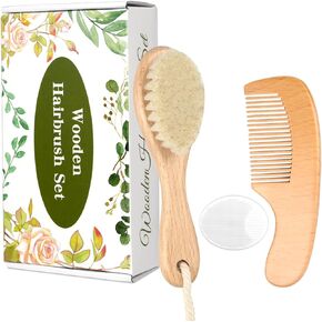 Wooden Soft Goat Bristles Brush with Baby Silicone Hair Scrubber Cradle Cap Brush for Newborn, Toddler, Infant, Baby Hair Care Kit (White)