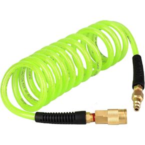 YOTOO Reinforced Polyurethane Recoil Air Hose 1/4" Inner Diameter by 10' Long, Heavy Duty, Flexible Air Compressor Hose with Bend Restrictor, 1/4" Swivel Industrial Quick Coupler and Plug, Green