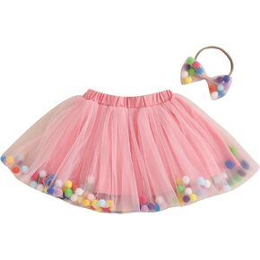 Toddler Girl Tutu Skirt Colorful Floating Pom Poms Tulle Skirts Headband Birthday Tutu Outfit Princess Ballet Dress
