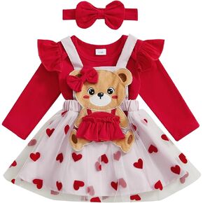Murnouche Baby Girl Valentines Day Outfit Long Sleeve Romper Hearts Print Tulle Skirt Dress Headband