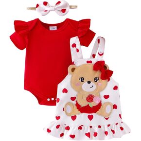 Baby Valentines Outfit Girl Newborn Clothes Suspender Skirt Ruffle Romper + Love Bear Dress + Bow Headband 0-18 Months