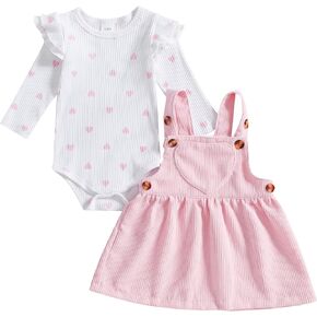Baby Girl's Valentines Day Outfits Heart Pattern Ruffle Long Sleeve Round Neck Romper and Suspender Skirt
