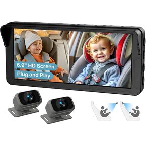 Dual Baby Car Camera for 2 Kids – 6.9" Split-Screen HD Display, Infrared Night Vision, Easy Installation, Backseat Camera for Infant & Toddler Safety, Compatible with All Car Models