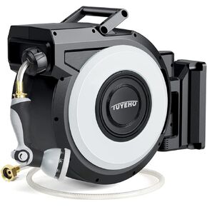 Tuyeho Retractable Garden Hose Reel 90 FT, Wall Mount Heavy Duty Water Hose Reels with Automatic Slow Rewind System, Outdoor Hoses Reel with 2 Hose Nozzles for Garden Watering, Car Wash, Pet Shower
