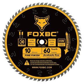 FOXBC 10 Inch Thin Kerf Fine Finish Crosscut Table Saw Blade, 60-Tooth ATB, with 5/8-Inch Arbor