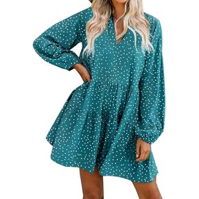 FANCYINN Cute Shift Tunic Dress for Women Ruffle Swing Babydoll Mini Long Sleevee Dress with Pockets
