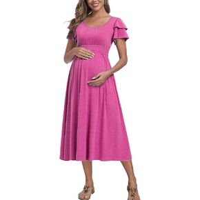 Ruffle Short Sleeve Maternity Dress High Waisted Midi Spring Baby Shower Dresses