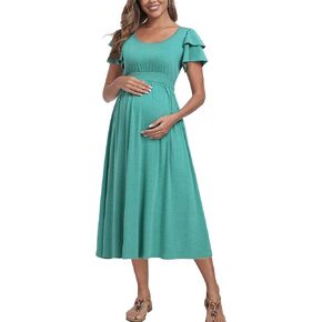 Ruffle Short Sleeve Maternity Dress High Waisted Midi Spring Baby Shower Dresses