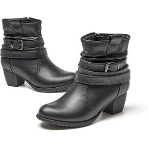 VJH confort Women's Mid Calf Boots,Round Toe Comfort Low Heel Slouchy Dress Booties with Buckle Strap Side Zipper