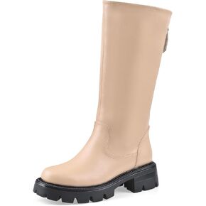 Oh Mispares Lug Sole Mid-calf High Boots for Women Extra Wide Calf Chunky Round Toe Knee High Chic Riding Boots Zipper Adjustable Calf Fashion Boots 2 Inches