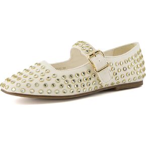 CUSHIONAIRE Princess Women’s Studded Mary Jane Flats – Elegant Buckle Strap Shoes with Memory Foam