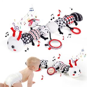 Baby Toys for 0-6 Months, Sensory Music Animal Stuffed Caterpillar Toy,Black and White High Contrast Toy with Crinkle Rattles for Infant Newborn, Tummy Time Toys Gifts for 0 3 6-12 Month