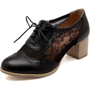 SHEMEE Womens Lace Mesh Stacked Chunky Heel Wingtip Oxfords Round Toe Block Heels Lace-Up Pumps Work Office Dress Shoes