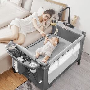 5-in-1 Pack and Play, Baby Bassinet Bedside Sleeper with U-Shaped Diaper Changer, Portable Baby Playard for Newborn Toddlers, Baby Crib with 4 Adjustable Height, Carry Bag, Easy to Install (Grey)