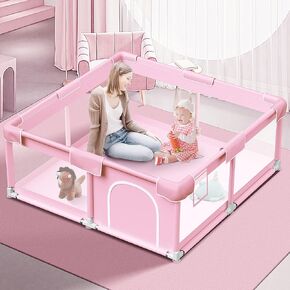 Pink Baby Playpen 50x50 Inches Baby Playpen for Little Princess Play Yards Indoor & Outdoor Sturdy Safety Baby Girls Play Pen with Soft Breathable Mesh Toddlers Activity Center with Anti-Slip Base