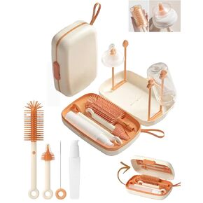 Travel Bottle Cleaner kit, 7in1 Baby Travel Essential Silicone Bottle Brush Set, Nipple, Drying Rack, Straw, & Breast Pump Cleaning, Soap Dispenser & Organizer Case, Gift for Mom (White)