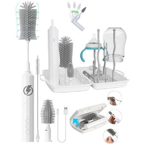 Electric Bottle Brush Cleaner, 7in1 Rechargeable Electric Bottle Brush & Drying Rack, 90° Folding Elctric Baby Brush Cleaner, Straw Cleaner, Baby Drying Rack, Travel Cleaning kit