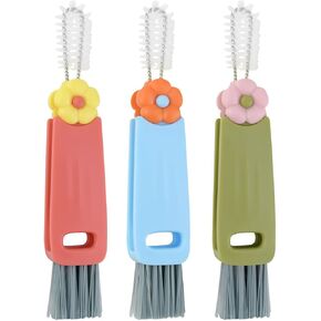 3 Pcs 3 in 1 Cup Lid Cleaning Brush Crevice Cleaning Brush for Bottle Gap 3 in 1 Cleaning Brushes for Tight Spaces Multifunctional Portable Cup Lid Cleaner Home Kitchen Cleaning Tools (Green Blue Red)