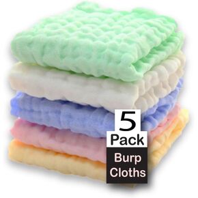 5 Pack (Multicolor) Baby Burp Cloths, Super Soft Cotton Baby Muslin Cotton Drool Towels for Babies, Nursing Rags, Burp Rags. 12 x 12 Inches