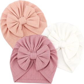 DRESHOW BQUBO 3 Pieces Newborn Baby Turban Hats Bow Baby Infant Beanie Breathable Toddler Cap for Baby Girls