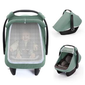 Blissful Diary Baby Car Seat Cover, Extra Large Mesh Window, Breathable Muslin Cotton, Infant Windproof Canopy - Roman Green