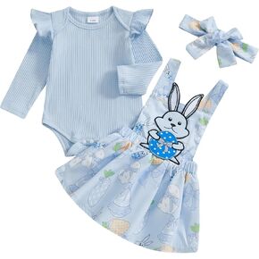 Adobabirl Baby Girl Easter Dress Outfit Ribbed Ruffle Romper Bunny Suspender Skirt Headband 3Pcs Spring Clothing Set