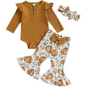 Mersariphy حديثي الولادة فتاة طفلة الملابس مضلعة الكشكش الكشكش bodysuit bell-bott pant مجموعة 3pcs ملابس الشتاء الخريف