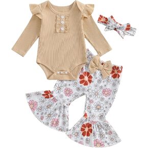 MERSARIPHY Western Baby Girl Clothes Newborn Rib Knit Ruffle Romper Bodysuit Bell-Bottom Pant Set Infant Fall Winter Outfits in Saudi Arabia