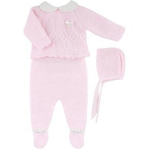Baby Girl 3-piece Knitted Sweater, Footed Pants, and Hat Set - Made in Spain