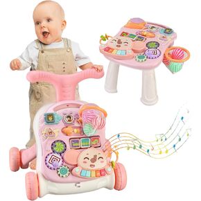 Baby Push Walker 3 in 1 Sit-to-Stand Learning Walker with Wheels Kids’Multiple Educational Activity Center Music Learning Toy Gift for Infant Boys Girls (Pink)