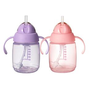 Tommee Tippee Starter Straw Cup, Easy Transition Toddler Cup For 6 Months+, 10oz with Silicone Weighted Straw and Easy-Hold Handles, Pack of 2, Pink and Purple